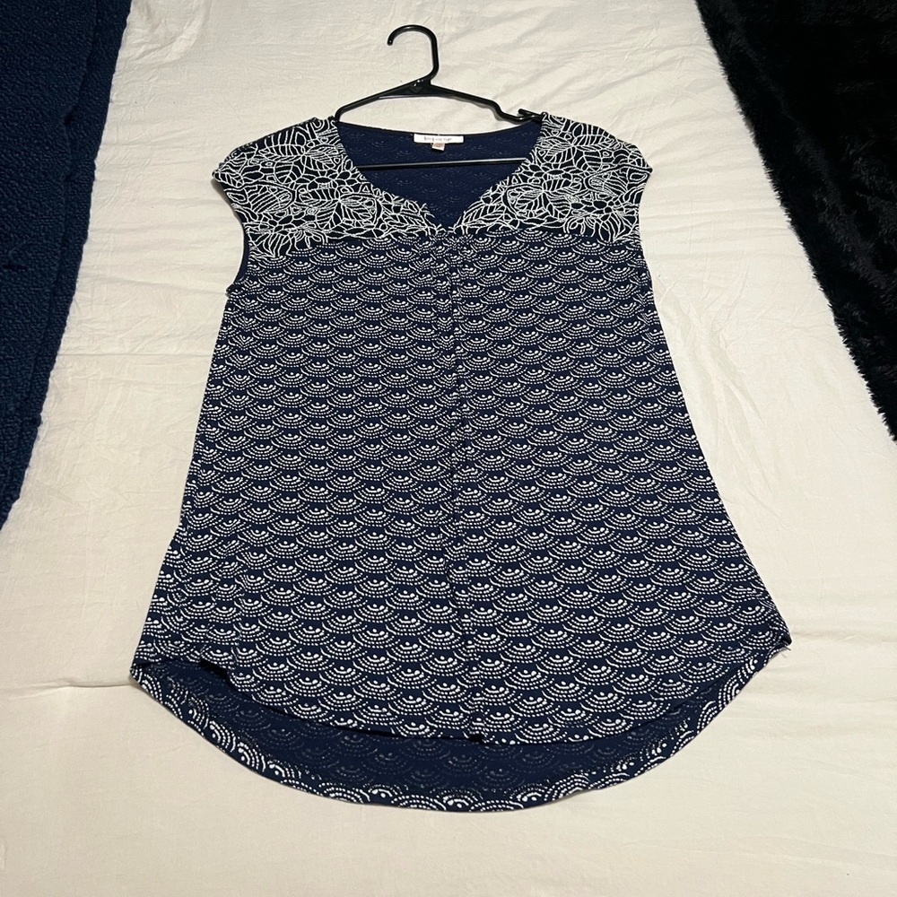 Skies Are Blue Asymmetrical Cap Sleeve Blouse in Blue and White